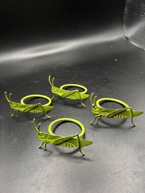 4 Grasshopper Napkin Rings Green Metal Unique Table Decor Rustic Whimsical Set